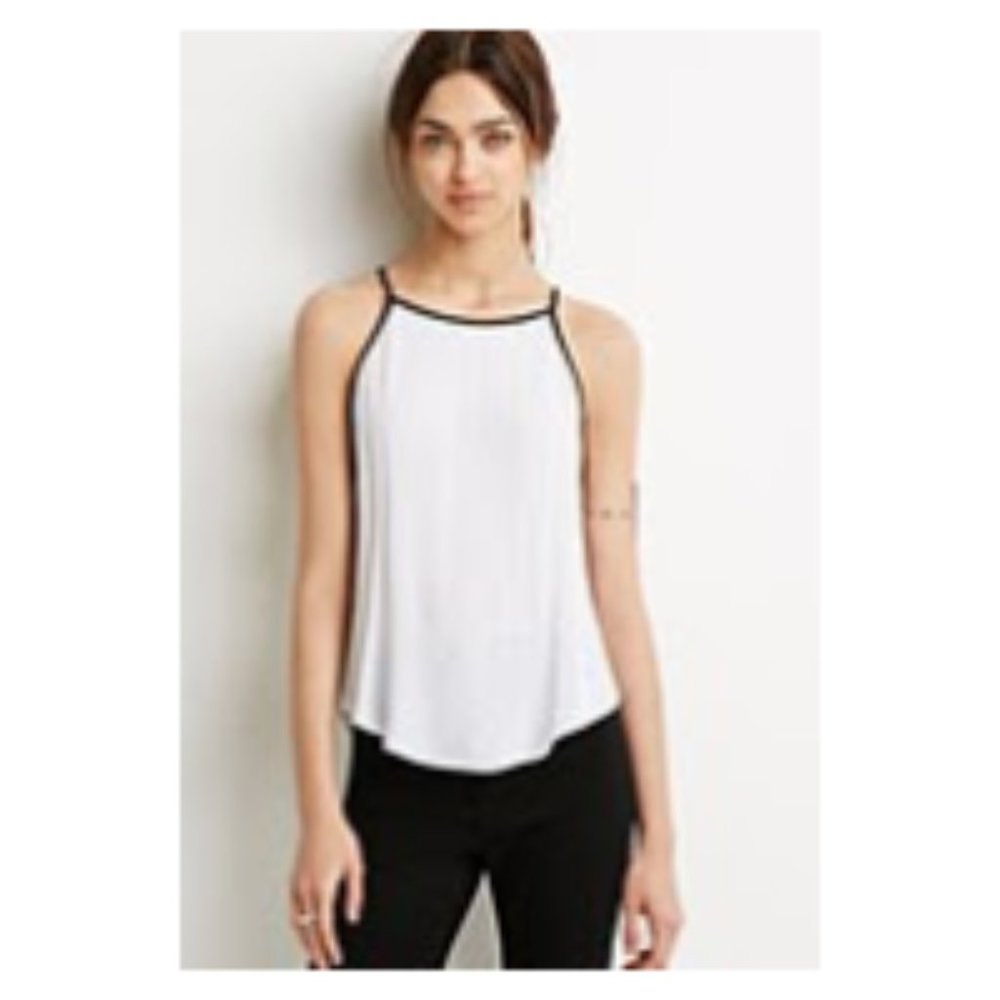 Forever 21 White Crepe Tank Top with Black Trim